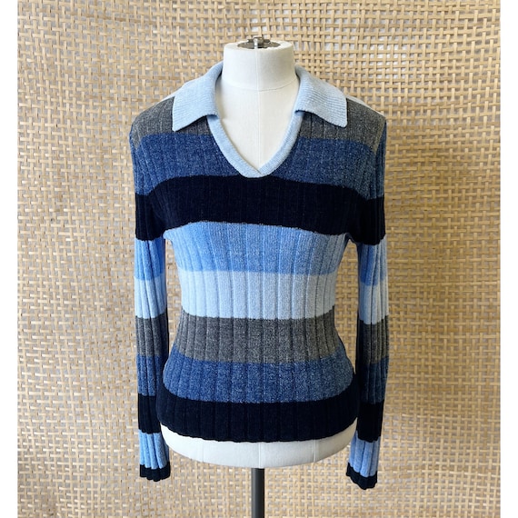 Vintage Y2K 90's Striped Blue Collar Pullover Sweater Sz