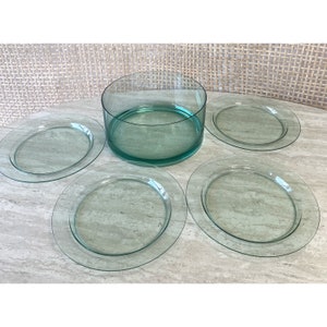 Vintage Lucite Acrylic Salad Bowl and Plates Teal Blue