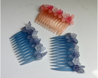 1981 Vintage Set Of 3 BUCH+DEICHMANN Floral Hair Comb DENMARK Blue & Pink