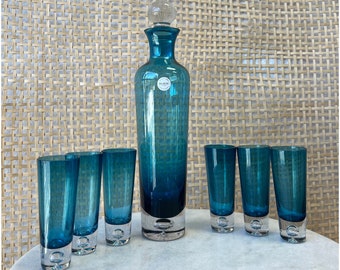 Brand New Vintage Mouth Blown BLOCK Crystal Hand Polished Blue Decanter 8PC