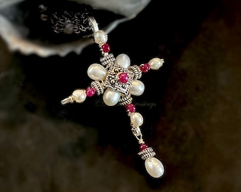 Pearl and ruby bridal cross necklace: jeweled gemstone handmade crucifix