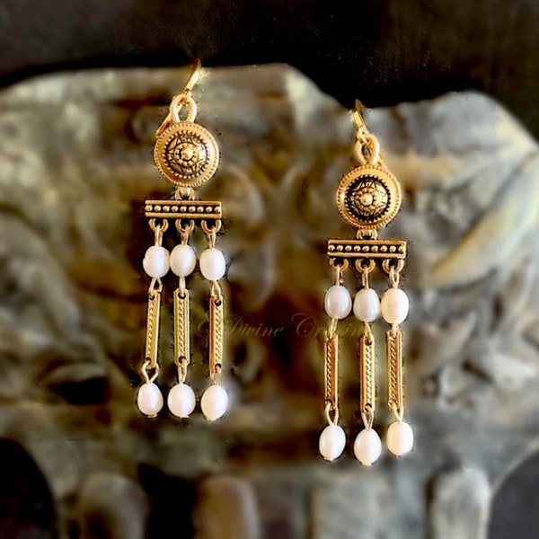 Pearl Roman Etruscan style chandelier pierced earrings, historic reproduction jewelry, wire wrapped handmade mom gifts, divine crossings