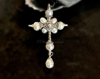 Pearl Tudor bridal cross necklace, large antiqued silver plated gothic crucifix, jewelry gifts
