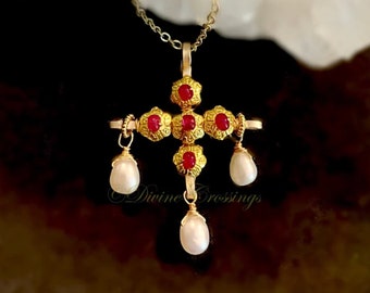 Mid-size RUBY & PEARL TUDOR jeweled gemstone cross necklace, Renaissance crucifix, wire beaded Christian jewelry
