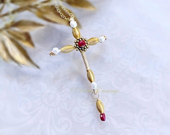 Jeweled ruby and pearl cross necklace, wire wrapped beaded spiritual Christian jewelry gifts