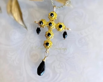 Black Spinel Renaissance Cross Necklace: Tudor Style Christian Jewelry