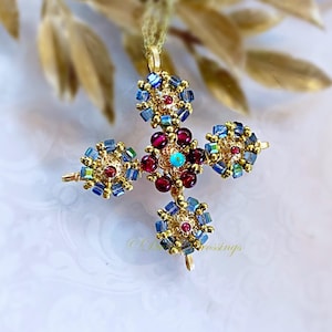 Ornate Florentine Cross Necklace: Garnet, Crystal & Turquoise