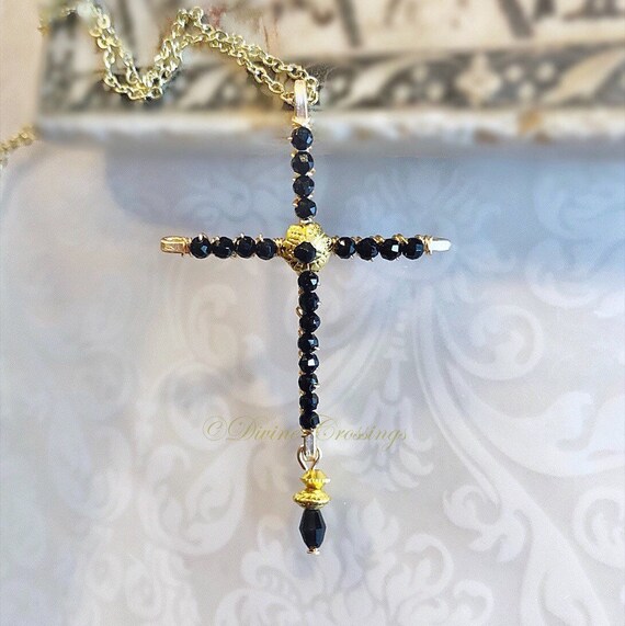Black spinel cross pendant necklace, modern minimalist jeweled Christian  crucifix, wire wrapped beaded jewelry