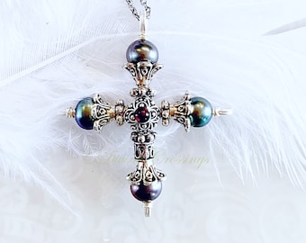 Peacock Pearl Tudor Renaissance Cross Necklace: Antiqued Silver plated, medieval Gothic Crucifix
