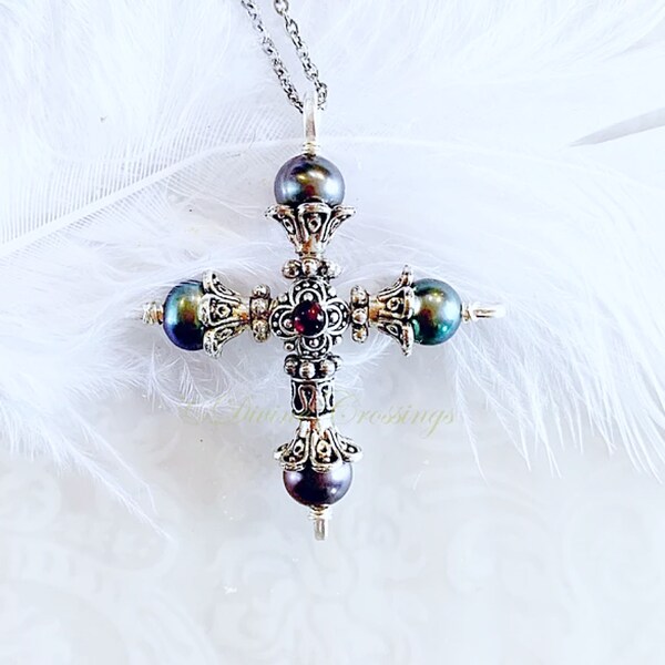 Peacock Pearl renaissance cross, medieval Tudor Christian faith jewelry, mid sized wire wrapped handmade gothic crucifix, Divine Crossings