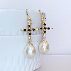 RENAISSANCE Tudor Cross earrings, black & white Christian jewelry for women, spiritual medieval earrings