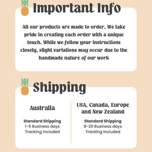 May include: A rectangular informational graphic with a light peach background featuring two white rounded boxes. The top box is titled Important Info and the bottom box is titled Shipping, both marked with a green NM logo and a yellow circle icon.