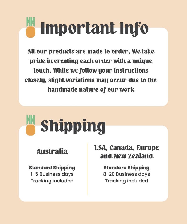 May include: A rectangular informational graphic with a light peach background featuring two white rounded boxes. The top box is titled Important Info and the bottom box is titled Shipping, both marked with a green NM logo and a yellow circle icon.