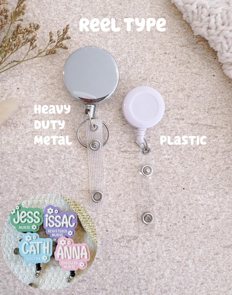May include: Two badge reels are displayed: a circular heavy duty metal reel with a clear strap and a smaller circular white plastic reel with a clear strap. A circular inset shows four colorful badge reels labeled Jess Nurse, Issac Registered Nurse, Cath Doctor, and Anna Enrolled Nurse.