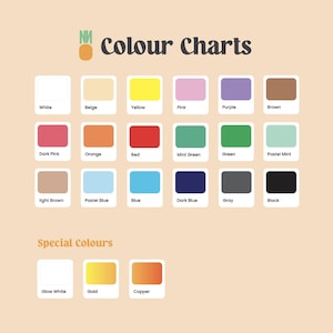 May include: A color chart graphic on a light peach background featuring the text Colour Charts and a pineapple icon. It displays twenty-one labeled color swatches arranged in rows, including standard colors like white, yellow, and black, plus special colors.