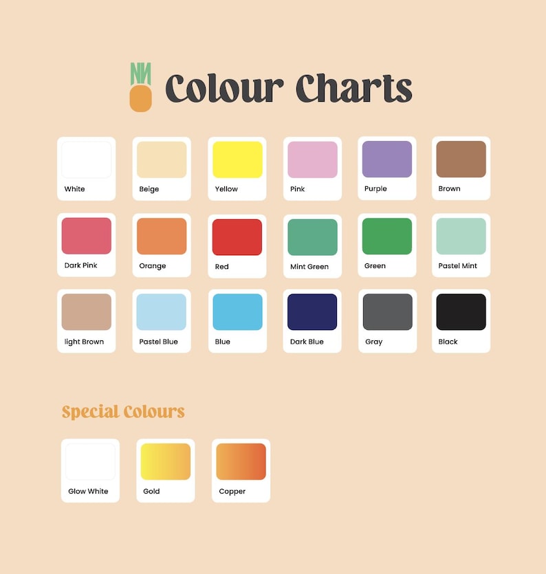 May include: A color chart graphic on a light peach background featuring the text Colour Charts and a pineapple icon. It displays twenty-one labeled color swatches arranged in rows, including standard colors like white, yellow, and black, plus special colors.
