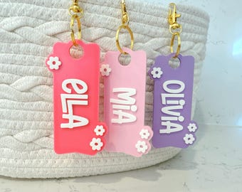 Personalized Flower Name Bag Tag - Kids School Keyring