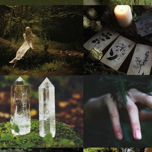 Puede incluir: Un collage de imágenes con un tema místico. Las imágenes incluyen una mujer con un vestido blanco de pie en un bosque, dos cristales de cuarzo transparentes sobre musgo, una mano que se extiende desde un bosque oscuro y una mesa con velas, cartas de tarot e ilustraciones botánicas.