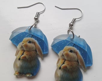 Boucles d'oreilles lapin mignon avec parapluie