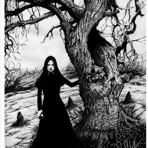 May include: A woman wearing a long black dress stands in front of a large, gnarled tree with bare branches. The background is a desolate landscape with a cloudy sky.