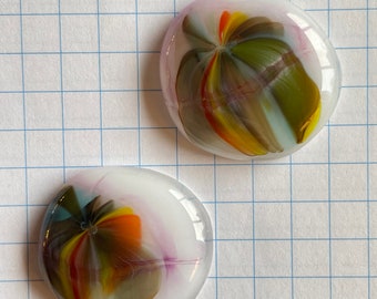 Set of 2 White and Multicoloured Fused Glass Cabochons Handmade Jewelry Glass Gem, Craft Supplies, Mosaic Art, 96 COE,