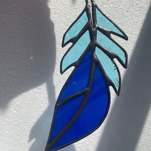 Blue Curved Stained Glass Feather Sun Catcher Ornament Window Boho Decor
