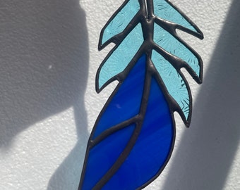 Blue Curved Stained Glass Feather Sun Catcher Ornament Window Boho Decor