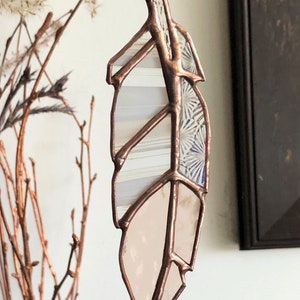 Small 5 Inch Stained Glass Feather Ornament, Suncatcher, Rearview Mirror Decoration, Light Catcher, Pink and White Glass Copper Patina