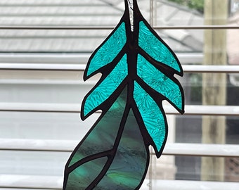 Turquoise Curved Stained Glass Feather Sun Catcher Ornament Window Decor