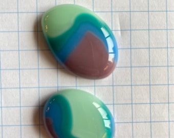 Set of 2 Multicoloured Green, Blue and Purple Fused Glass Cabochons, Handmade Jewelry Glass Gem, Craft Supplies, Mosaic Art, 96 COE,
