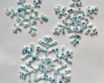 Fused Glass Snowflake Ornament Set of Three - Opaque White with Teal Confetti Glass Frit - Ready to Ship - Christmas Decor