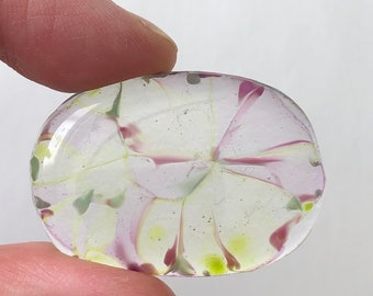 Fused Glass Clear, Pink and Lime Green Cabochon - Handmade Jewelry Glass Gem - Craft Supplies - Glass Charm - Necklace Pendant - 96 COE