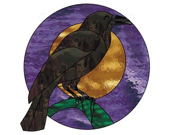 Art Deco Crow Stained Glass Pattern: Raven Suncatcher (PDF Downloadable File, Stencil Included)
