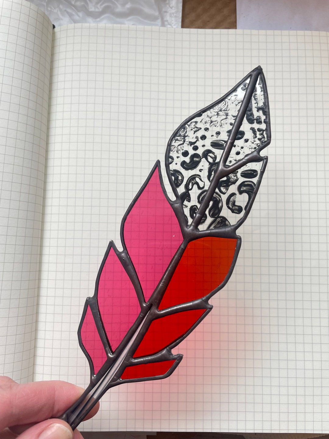 Hot Neon Pink and Orange Stained Glass Feather Suncatcher Window Art ...