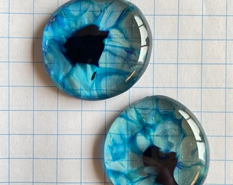 Set of 2 Fused Glass Blue and Clear Cabochons Handmade Jewelry Glass Gem, Craft Supplies, Mosaic Art, 96 COE, Glass Eye