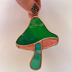 Green, Copper Stained Glass Mushroom Suncatcher, Window Décor, Boho Home Accent, Glass Art, Window or Wall Hanging, Christmas Tree Ornamen image 4