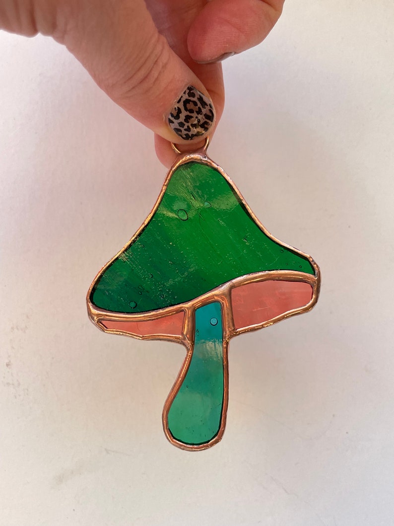 Green, Copper Stained Glass Mushroom Suncatcher, Window Décor, Boho Home Accent, Glass Art, Window or Wall Hanging, Christmas Tree Ornamen image 4