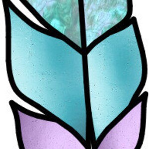 May include: A blue and purple feather with a silver stem and black outline. The feather has a mottled, iridescent texture.