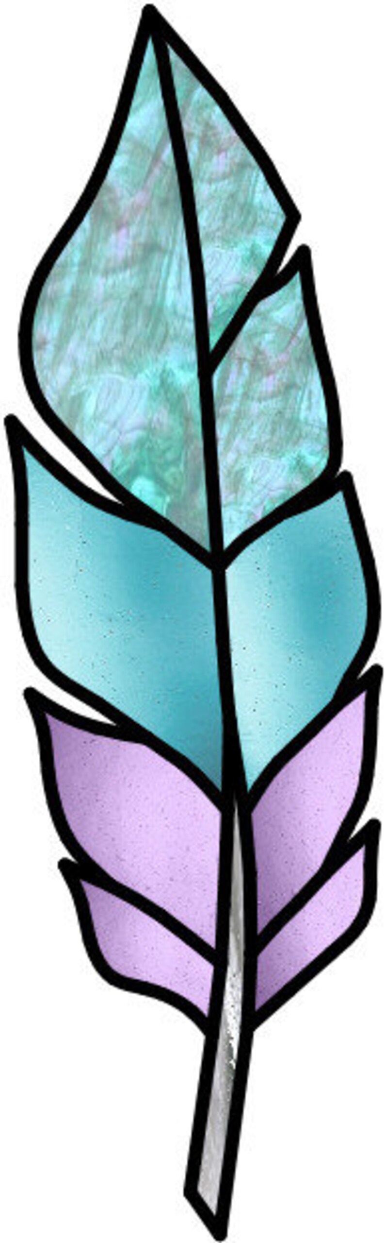 May include: A blue and purple feather with a silver stem and black outline. The feather has a mottled, iridescent texture.