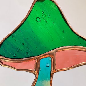 Green, Copper Stained Glass Mushroom Suncatcher, Window Décor, Boho Home Accent, Glass Art, Window or Wall Hanging, Christmas Tree Ornamen image 3