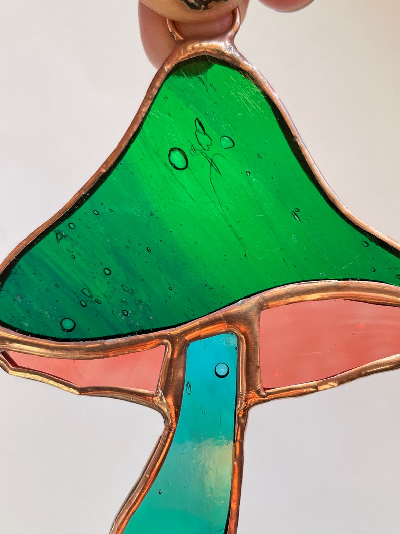 Green, Copper Stained Glass Mushroom Suncatcher, Window Décor, Boho Home Accent, Glass Art, Window or Wall Hanging, Christmas Tree Ornamen image 3