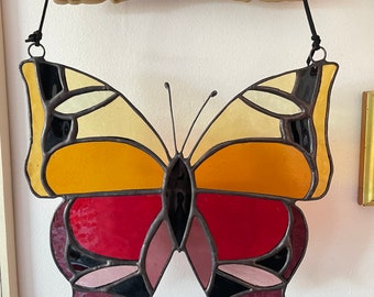 stained glass butterfly suncatcher window art light being warm colours wall hanging glass art