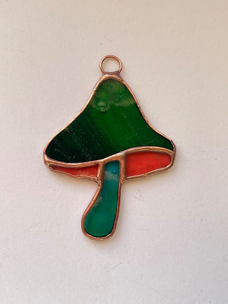 Green, Copper Stained Glass Mushroom Suncatcher, Window Décor, Boho Home Accent, Glass Art, Window or Wall Hanging, Christmas Tree Ornamen image 2