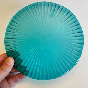Turquoise Handmade Fused Glass Plate or Dish, Sunburst Pattern Charging Plate, Trinket Dish, Dessert Plate, Small Platter, Altar Offering