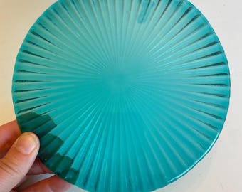 Turquoise Handmade Fused Glass Plate or Dish, Sunburst Pattern Charging Plate, Trinket Dish, Dessert Plate, Small Platter, Altar Offering