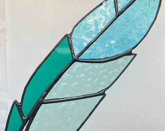 Blue and Turquoise Stained Glass Feather Suncatcher, Window or Wall Décor, Boho Décor, Handmade in Canada Glass Art