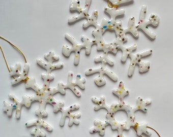 Fused Glass Snowflake Ornament Set of Three - Opaque White with Rainbow Glass Confetti  Frit and Gold - Ready to Ship