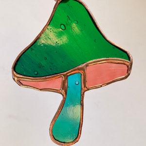 Green, Copper Stained Glass Mushroom Suncatcher, Window Décor, Boho Home Accent, Glass Art, Window or Wall Hanging, Christmas Tree Ornamen image 1