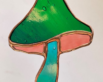 Green, Copper Stained Glass Mushroom Suncatcher, Window Décor, Boho Home Accent, Glass Art, Window or Wall Hanging, Christmas Tree Ornamen