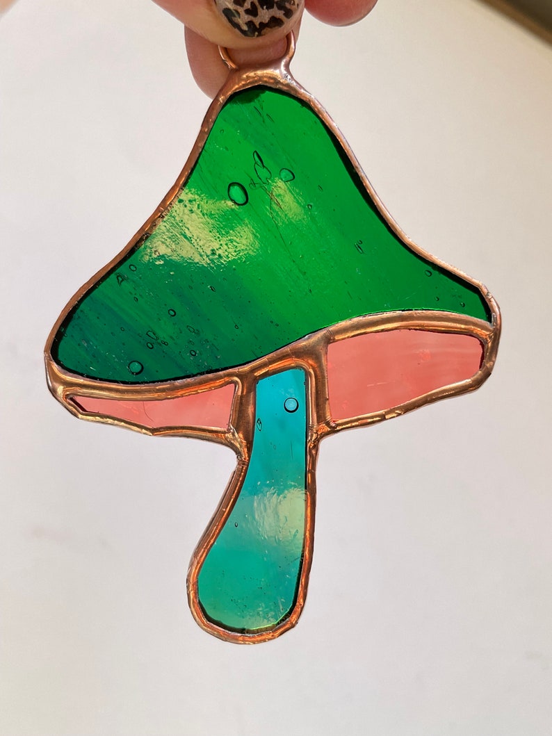Green, Copper Stained Glass Mushroom Suncatcher, Window Décor, Boho Home Accent, Glass Art, Window or Wall Hanging, Christmas Tree Ornamen image 1